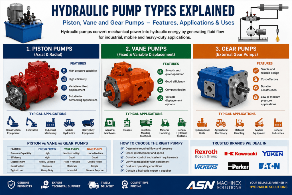 Hydraulic pump types including piston, vane and gear pumps