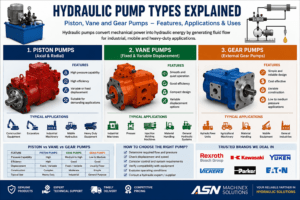 Hydraulic pump types including piston, vane and gear pumps